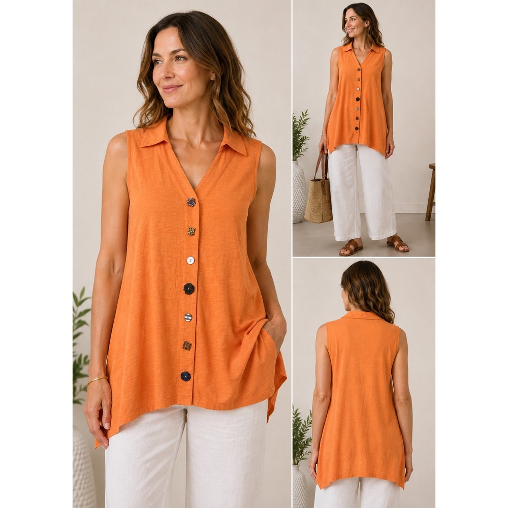 Soft Surroundings Orange Cotton Sleeveless Tunic Mismatched Buttons Sharkbite 2X